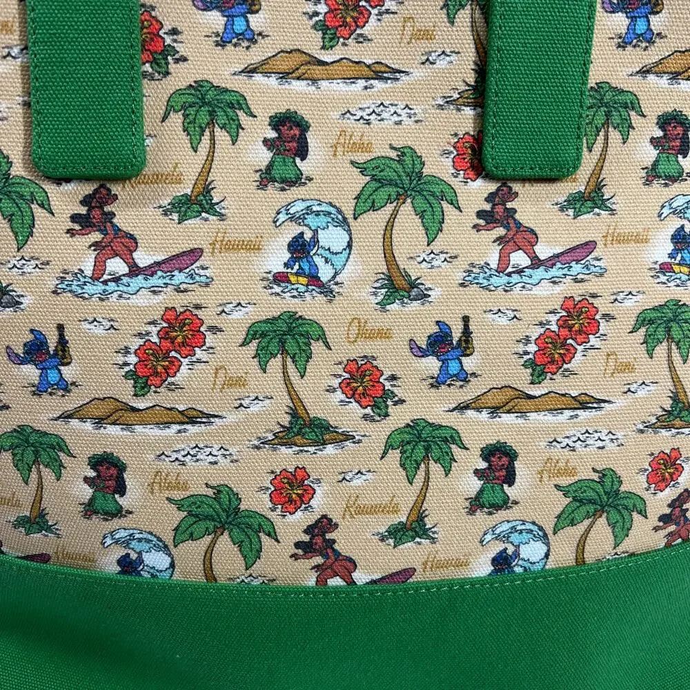 LOUNGEFLY Disney Lilo Stitch Canvas Tote Bag Aloha Map Bamboo Handle Green NWT